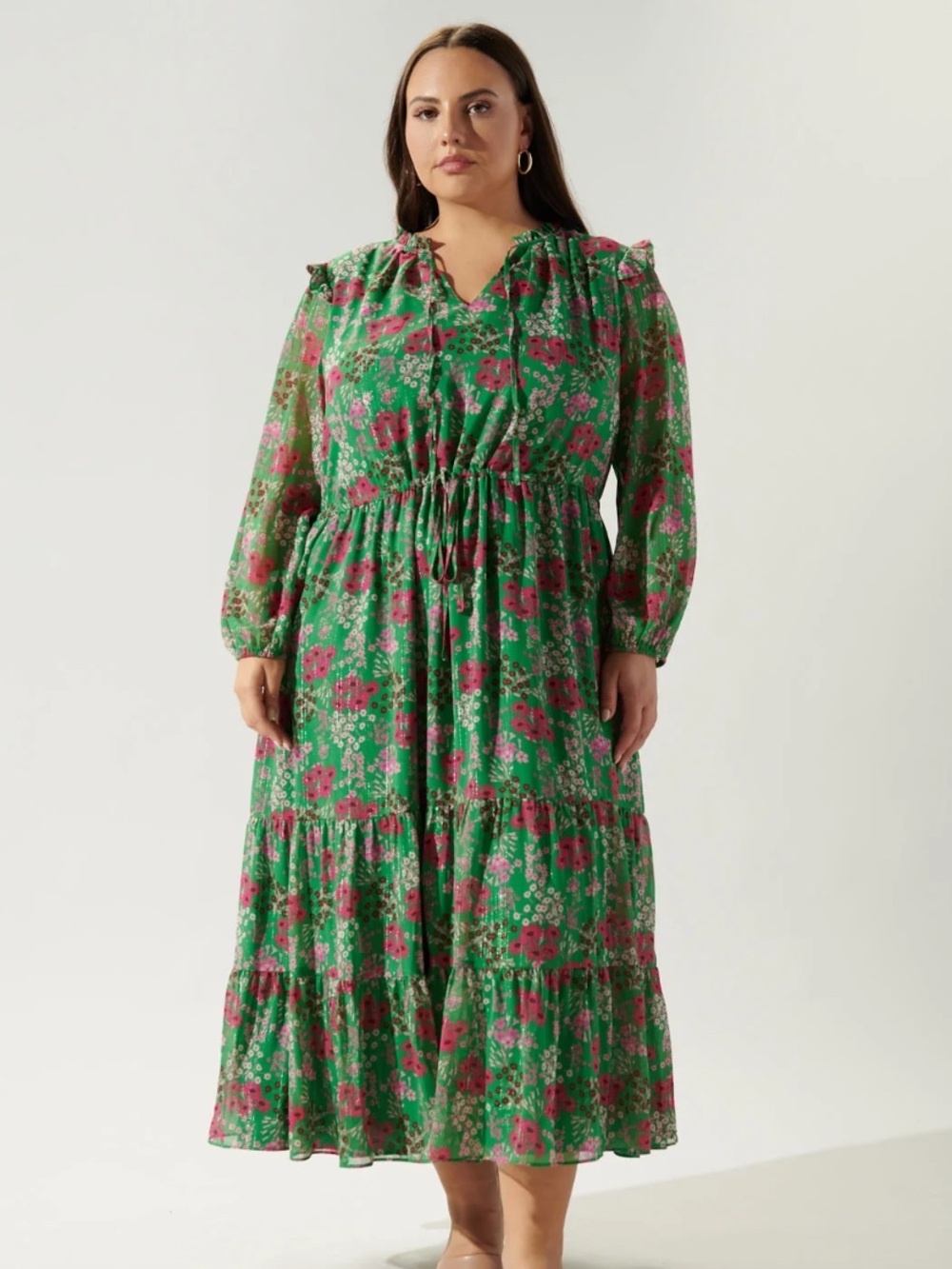 Sugarlips Roxie Floral Tie-Front tiered Long Sleeve Dress